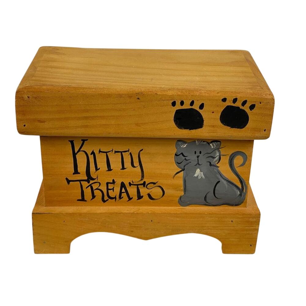 Primitive Wood Kitty Treats Cat Lidded Box; Hand Painted